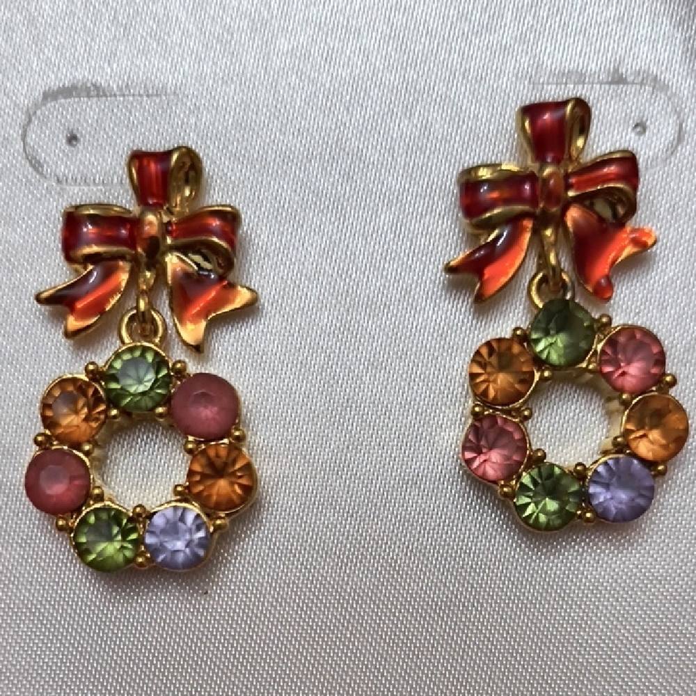 Vintage Colorful Bow and Wreath Earrings Feminine Coquette